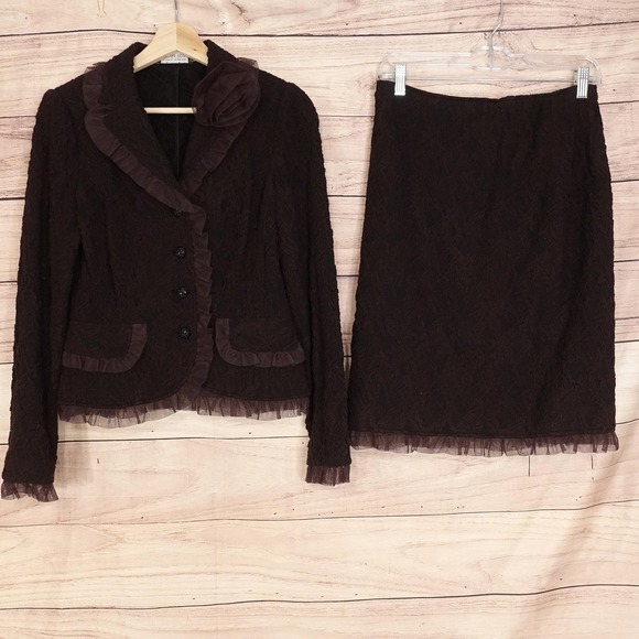 Teri Jon Dresses & Skirts - Rickie Freeman Teri Jon Skirt Suit Womens 8 Brown Lace 2 Piece Ruffle Trim